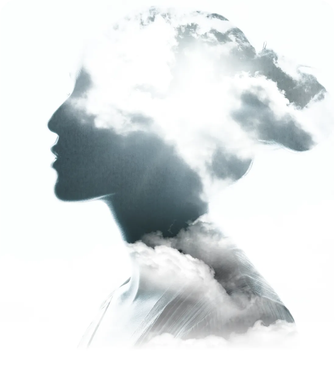 Uma composição visual feita com o efeito de dupla exposição de uma mulher e nuvens