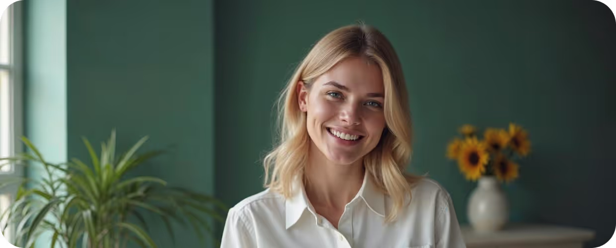 Uma psicóloga sorridente sentada numa poltrona em um ambiente acolhedor