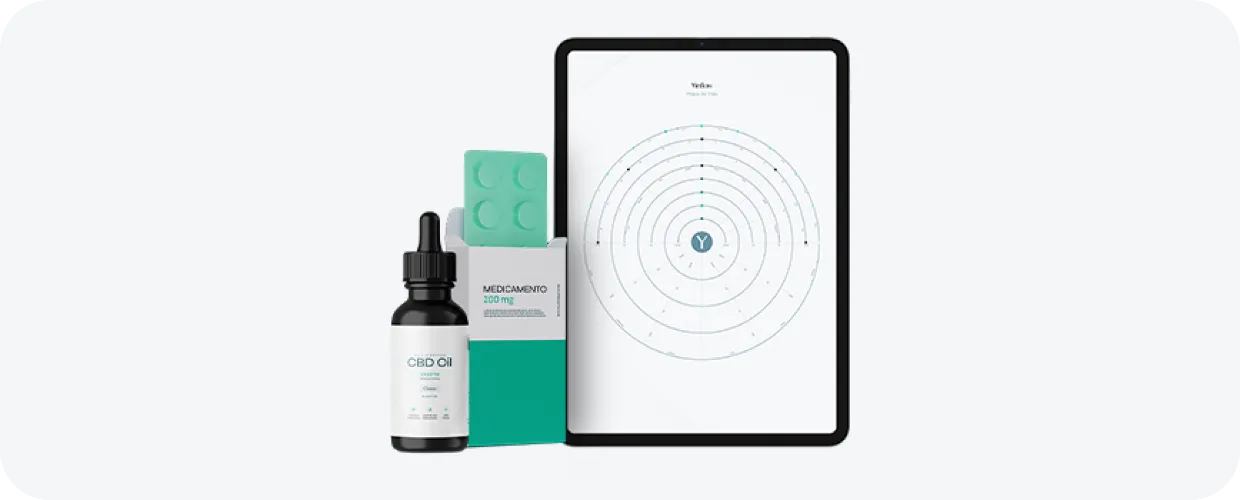 Um mockup do frasco do Yinflow CBD Oil à frente de uma tablet com a imagem da nossa mandala