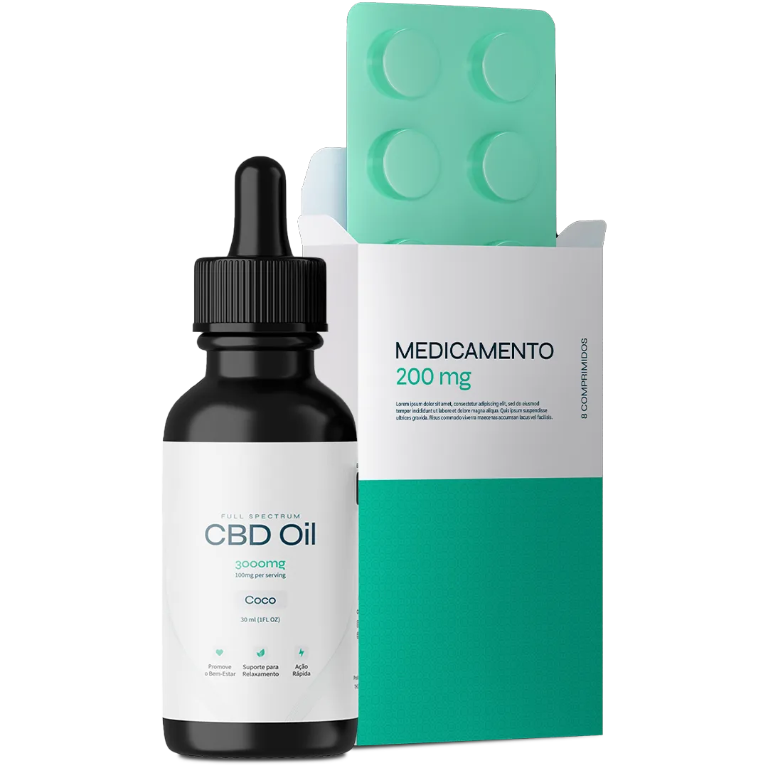 Frasco de óleo de CBD e embalagem de medicamento de 200 mg.