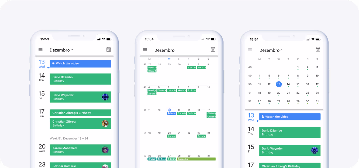 Três telas de calendário mensal em um aplicativo de organização, mostrando compromissos.