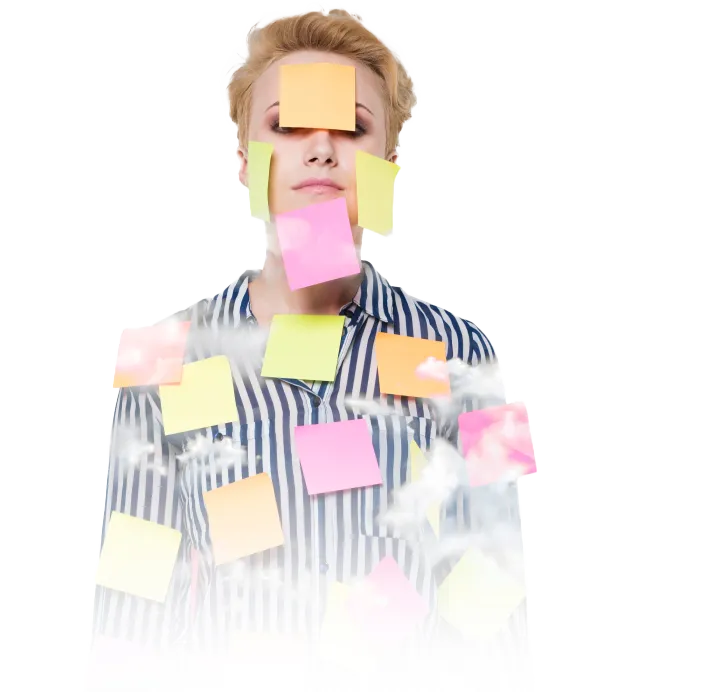 Mulher sobrecarregada coberta de post-its representando tarefas.